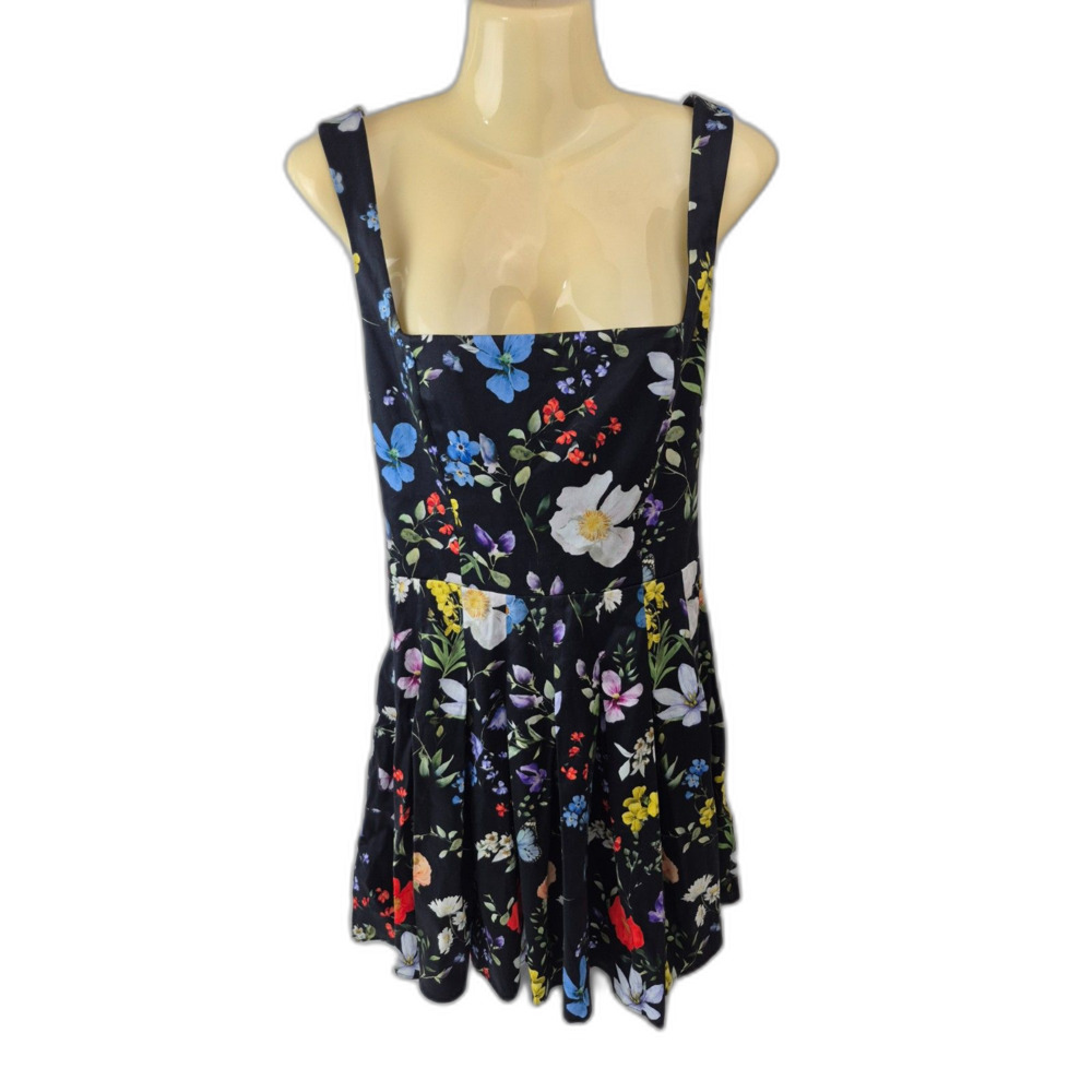 Alice + Olivia Black Veda Floral Pleated Stretch Cotton Minidress Size 6 & - Picture 3 of 7